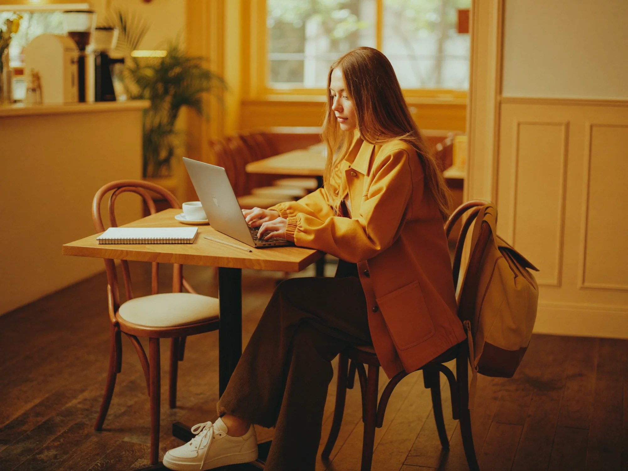 A student studying with a laptop in a sunlit cafe
